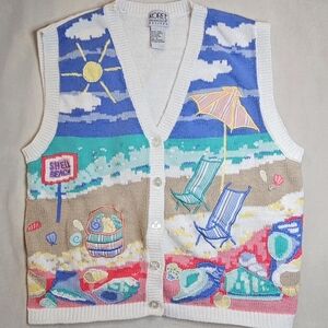 Super Cute Vintage Grandma Koret Beach Scene Knit Vest Size Sm